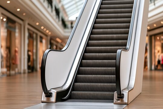 Modern shopping mall escalator with sleek architecture and warm light
