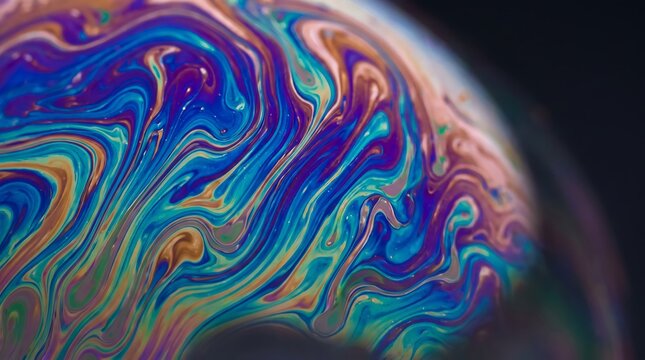 Macro photography of soap bubble surface creating abstract rainbow color patterns with fluid swirling organic liquid metallic textures on dark blurred background.