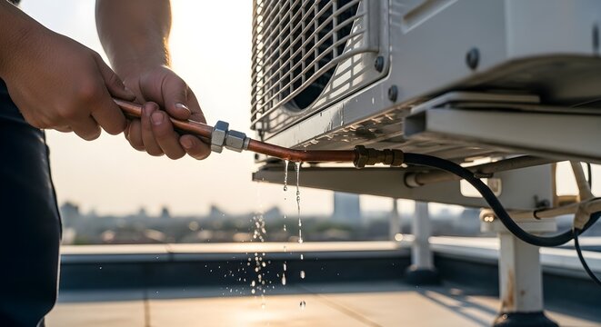 Worker hands repairing a leaking copper pipe on an outdoor air conditioning unit on a rooftop