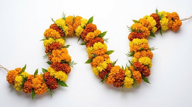 A beautiful garland of vibrant yellow and orange marigold flowers arranged for the traditional celebration of the mid autumn festival in china today