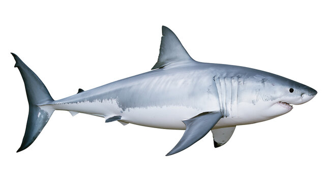 Great white shark profile view with sharp teeth and gills