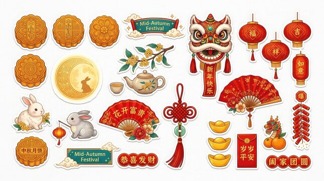 A beautiful collection of traditional elements celebrating the mid autumn festival in china featuring mooncakes lanterns rabbits and festive decorations on white background