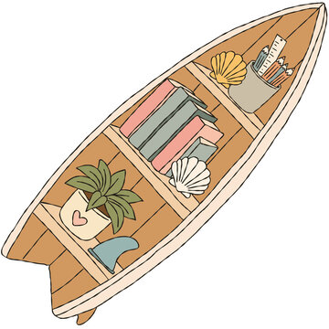 Surfboard Bookshelf with Books Plants and Seashells Hand Drawn Coastal Classroom Illustration
