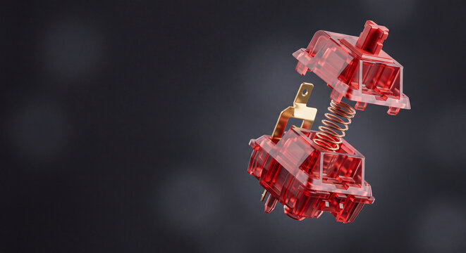 Disassembled Red Mechanical Keyboard Switch Floating in Mid-Air, Exploded View of Internal Components on Dark Bokeh Background