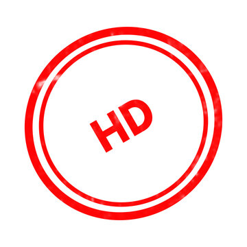 Red HD stamp icon on white background. High definition rubber seal with circular border. Grungy red ink HD mark for video quality and media production.