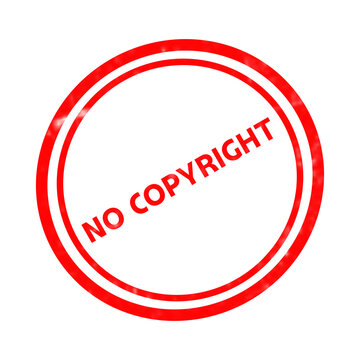 Red no copyright stamp, circular rubber seal with public domain text, grunge ink mark for legal and creative usage