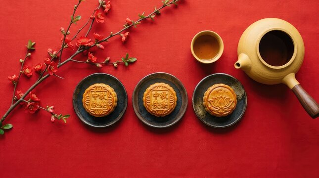 Traditional mooncakes served with hot tea on a vibrant red background celebrating the beautiful and cultural mid autumn festival in china event scene
