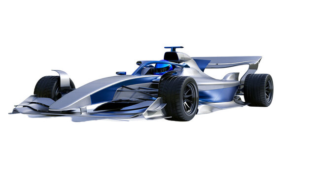 Modern Formula 1 race car with silver and blue livery