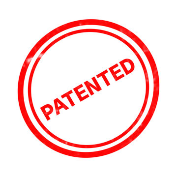 Patented red rubber stamp icon, circular patent seal on white background, official legal protection mark for intellectual property