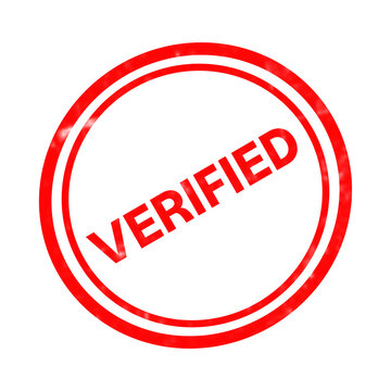 Verified red rubber stamp icon, circular quality assurance seal, authentic document validation mark on white background