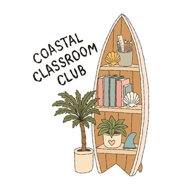 Coastal Classroom Club Surfboard Bookshelf with Books and Plants Hand Drawn Doodle Illustration