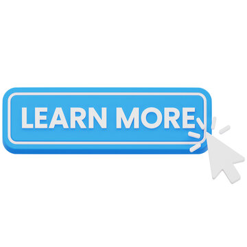 Blue learn more button with mouse cursor 3D rendering for web navigation