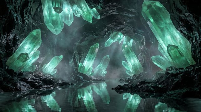 Glowing green crystal cave with subterranean lake reflecting emerald light from giant mineral formations inside mysterious underground cavern with rocky textures.