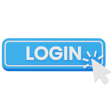 Blue login button with mouse cursor 3D rendering for website access