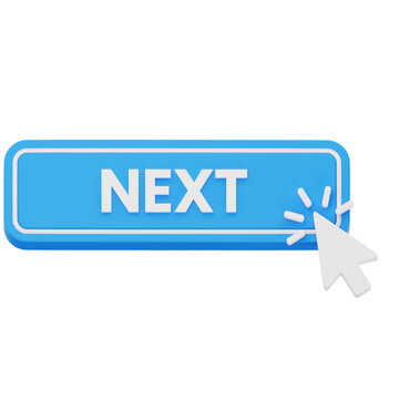 Blue next button with mouse cursor 3D rendering for website page navigation
