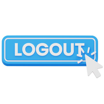 Blue logout button with mouse cursor 3D rendering for website sign out
