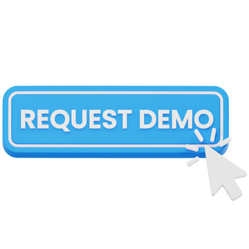 Blue request demo button with mouse cursor 3D rendering for software trial
