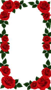 Rectangular frame made of red roses and green leaves on a solid plain black background