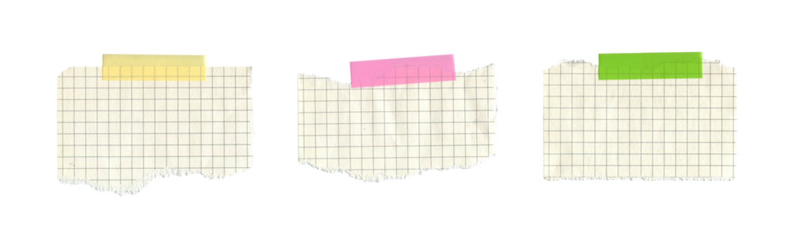 Set of realistic torn graph notebook papers with colorful masking tape isolated on white background. Vintage memo paper collection for journaling, planners, scrapbooking and creative mockups.