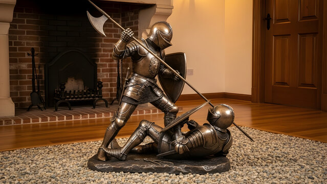 Intricate Bronze Statue Depicting a Dramatic Medieval Knight Duel with Poleaxe and Armor inside a Cozy Home Interior Setting