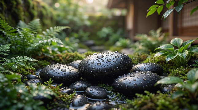 Close-up of water droplets on smooth black basalt stones in a luxury spa garden, zen composition, high-end wellness atmosphere