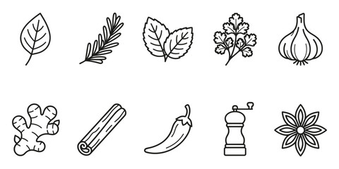 Set of herbs and spices cooking icons with cinnamon rosemary seasoning culinary ingredient illustration monochrome © Rupa
