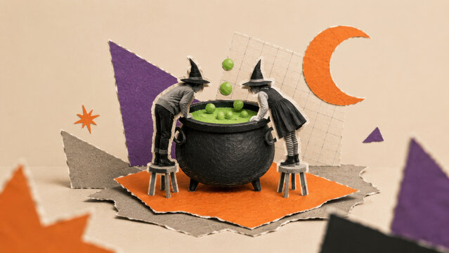 Two children in witch hats leaning over a bubbling green cauldron under an orange crescent moon in a Halloween collage