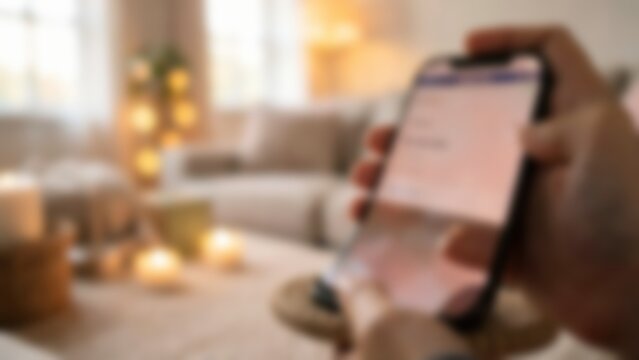 blurred hands holding smartphone for cozy online banking website