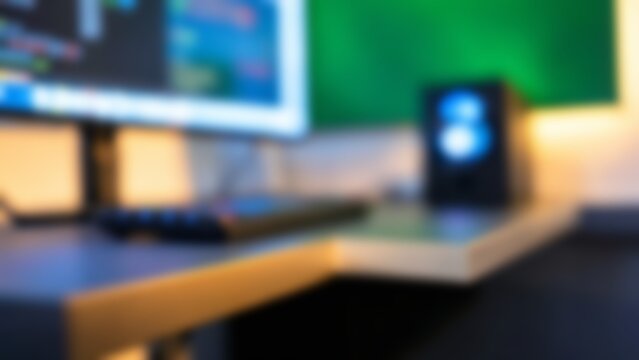 Blurred modern AI workplace desk setup for software development