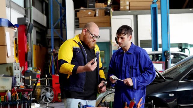Automotive mechanic apprentice professional workshop garage maintenance repair expert focused technician industrial vehicle repairman teamwork
