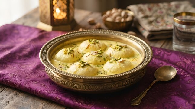 Rasmalai floating in saffron milk with pistachio fragments, deep purple background