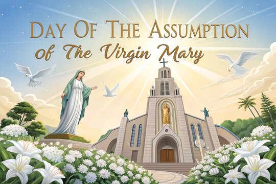 Realistic illustration of Mary statue beside grand cathedral under sunburst.