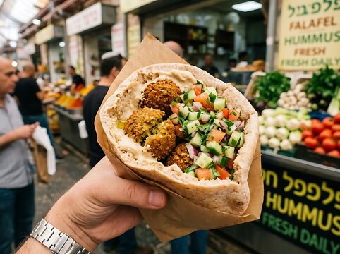 Handheld Middle Eastern Street Food Featuring Crispy Falafel and Fresh Vegetables Inside a Warm Pita Bread Served at a Busy Local Marketplace
