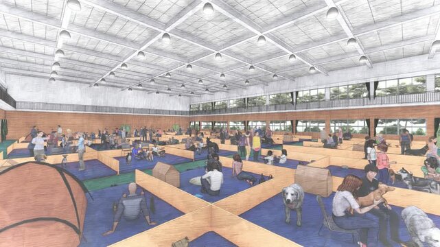 体育館に設置された避難所の様子（多くの人々とペットの犬と猫が滞在）3DCG アニメーション