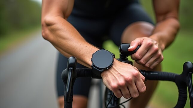 Antebrazo de un ciclista que muestra venas visibles y un reloj inteligente de rendimiento durante una salida de resistencia