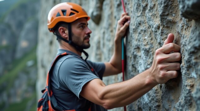 Escalador profesional enganchando una cinta expr&eacute;s a un anclaje en una pared de roca vertical