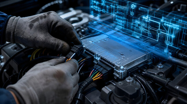 Car Engine Electronic Control Unit Wiring And Holographic Circuit Interface.
