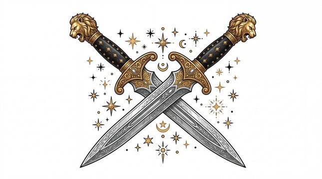 Ornate crossed swords featuring intricate golden lion pommels and celestial star symbols isolated on white background