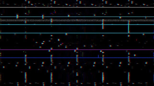 Dynamic abstract digital and analog glitch interference loop with RGB split, VHS tracking noise, CRT scanlines, horizontal signal distortion, electronic static, pixel corruption and colorful broadcast