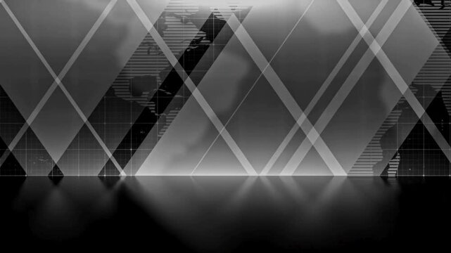 Abstract global news background with moving geometric shapes and digital world map for media broadcast.