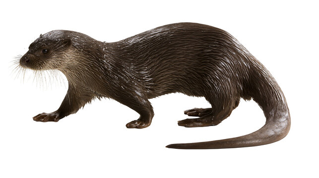 Wet brown otter with sleek fur standing on white
