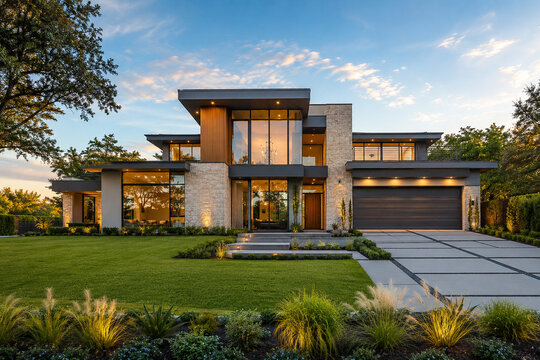 Modern Luxury House Exterior with Landscaped Front Yard