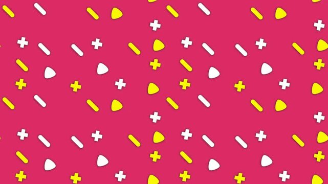 Abstract memphis pattern moving across pink background with white and yellow geometric shapes for design.