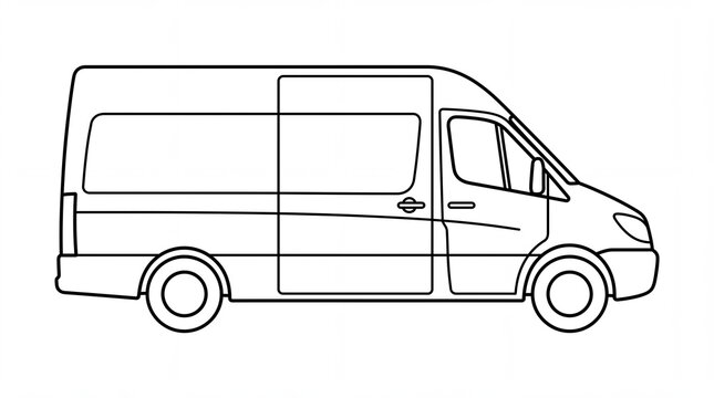 Large commercial delivery van side profile rendered in simple black line art on white background