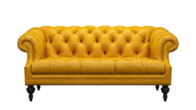 Yellow tufted leather Chesterfield sofa with dark wooden legs