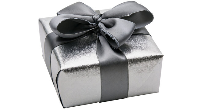 Silver gift box with grey satin ribbon and bow