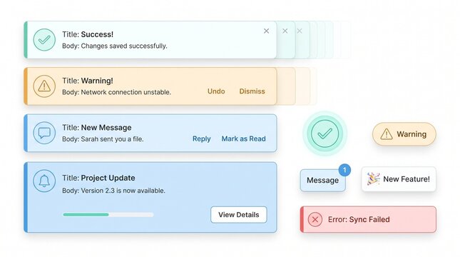 Modern user interface notification alert banners and message toast popups for web and mobile app design