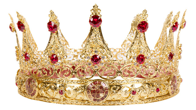Ornate golden crown with red gemstones and intricate filigree