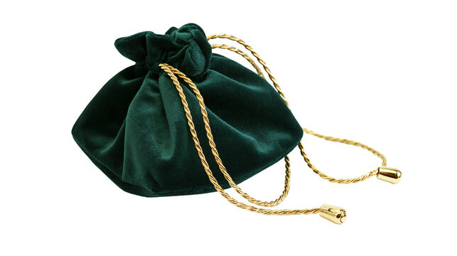 Green velvet drawstring pouch with gold cords