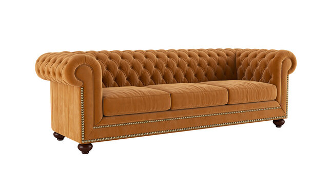 Orange velvet Chesterfield sofa with tufted back and nailhead trim
